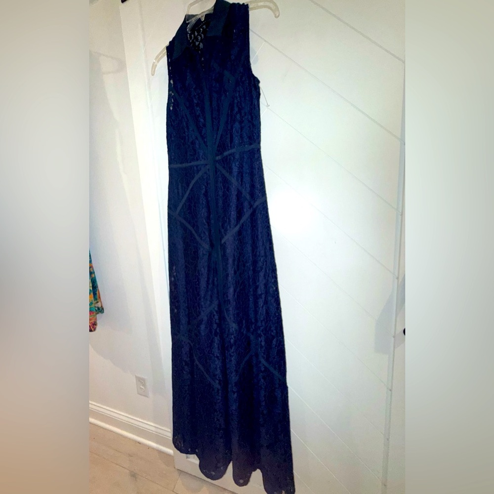 Aidan Mattox sz 4 twilight blue floor length lace gown dress buttons collar $700 - Picture 10 of 16